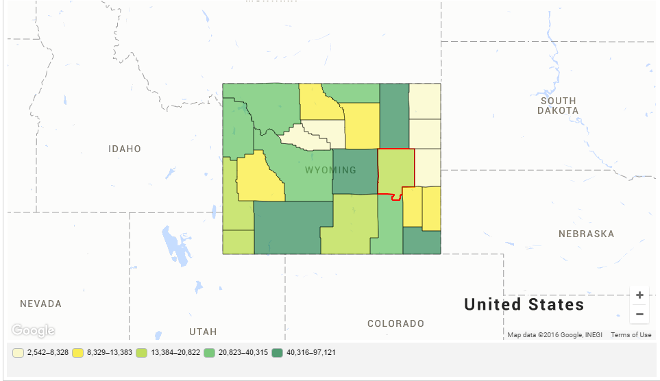 Map of Wyoming, with Converse County outlined in red